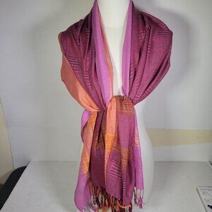 Pashmina Lightweight Woven Gradient Purple & Orange Wool Fringed Wrap Shawl